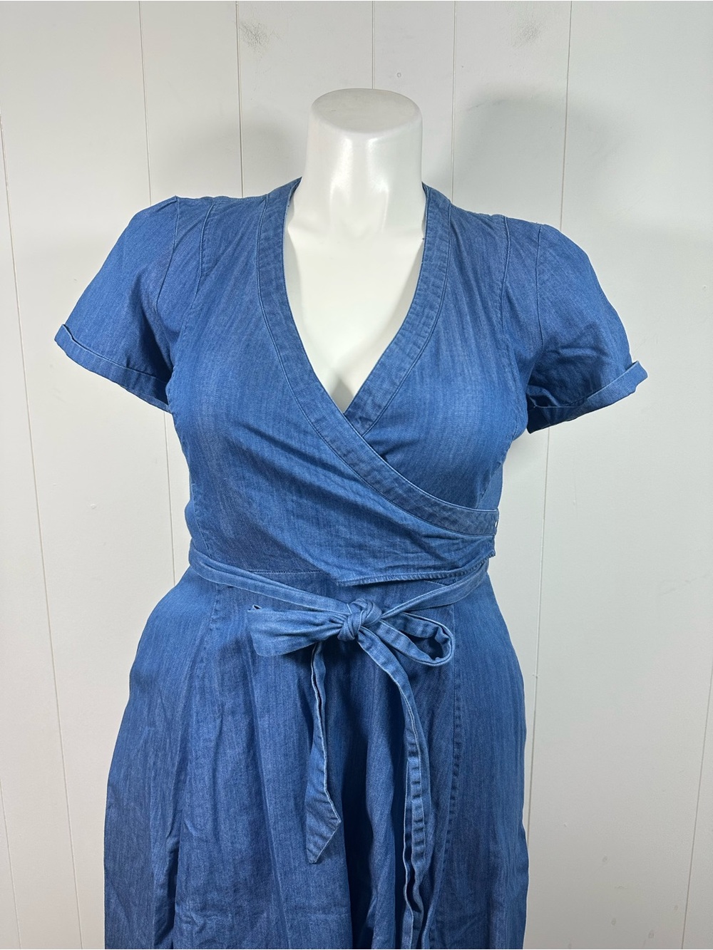 Boden Sz 8R Denim Fit & Flare Faux Wrap Cotton Dress Women’s Blue Short Sleeve - Picture 3 of 15
